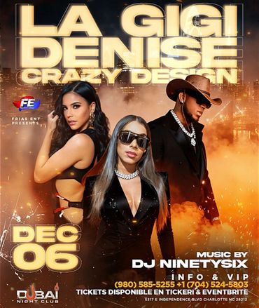 Promotional poster for Dubai Night Club event featuring La Gigi, Denise, Crazy Design, and DJ Ninetysix on Dec 6.