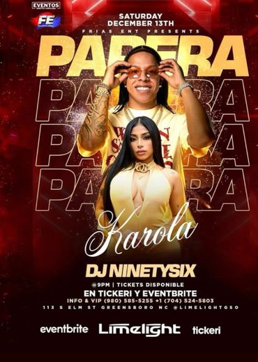 Flyer for a December 13th event featuring Papera and Karola with DJ Ninetysix in Greensboro, NC.