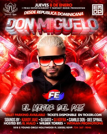 Flyer for Don Miguelo concert on January 8 with valet parking and multiple DJs in Hollywood, FL.