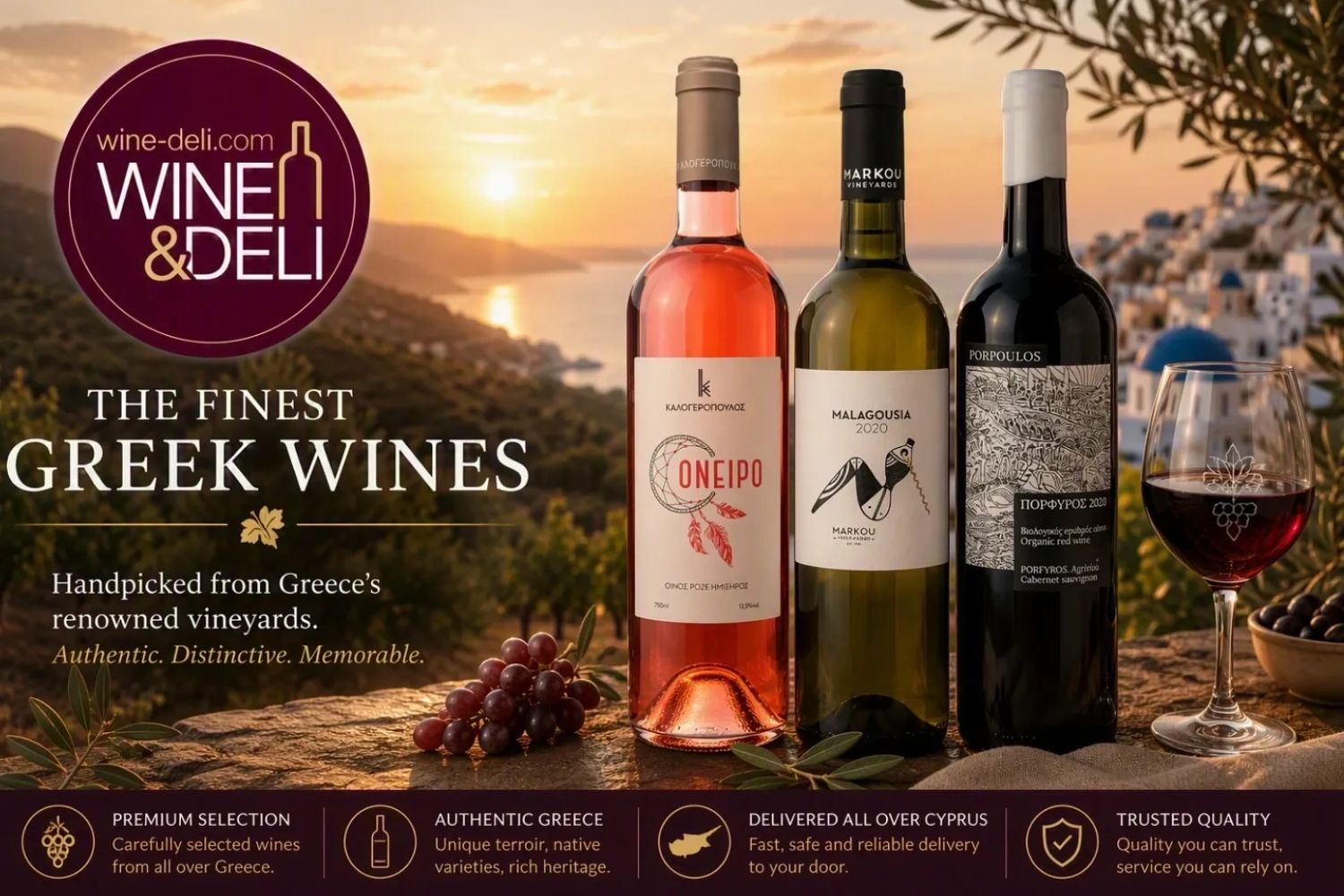 Greek wines displayed at sunset with vineyard background.