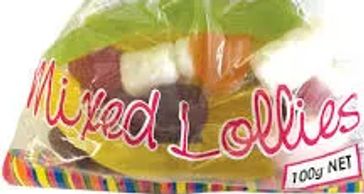 A colorful bag of mixed lollies with a striped tie.