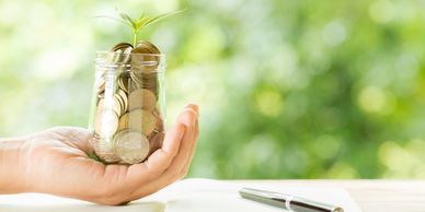 Hand holding jar of coins with plant sprout, symbolizing growth and savings.