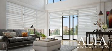 Modern living room with stylish window blinds and comfortable furniture.