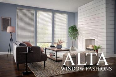 Cozy living room with stylish window blinds and modern decor.