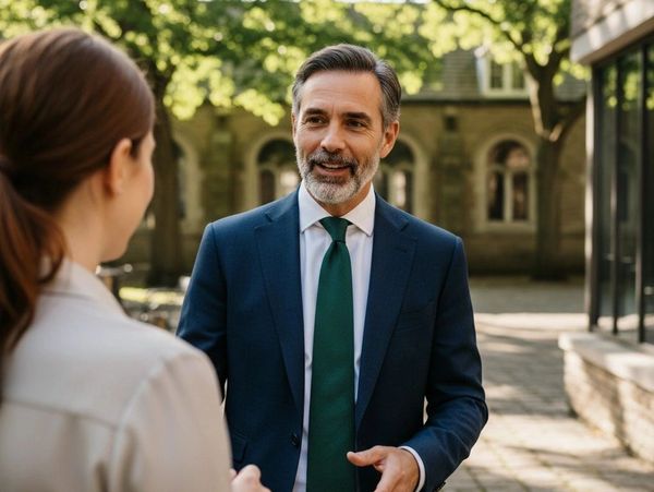 A man wearing a blue suit with a white shirt and green tie is speaking to a lady.