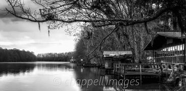 Run down shack on Roanoke River trees reflected in calm water in Jamesville, NC