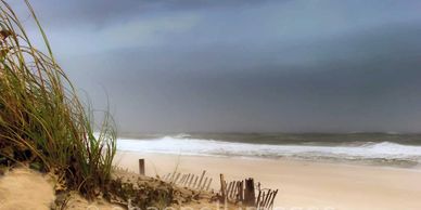 Fall Sea Oats with blowing sand , overcast sky, and rough ocean.  Carolina Beach, NC
