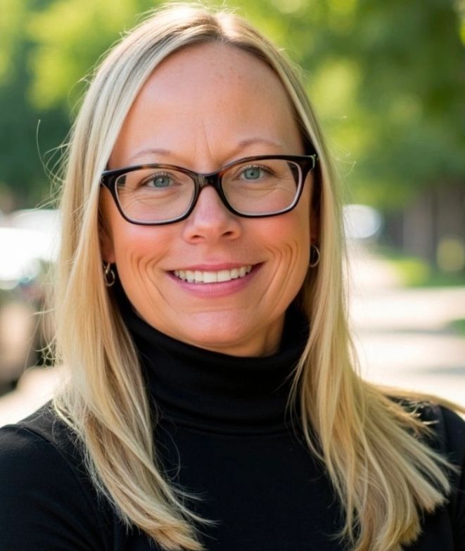 Smiling woman with glasses and blonde hair outdoors.
