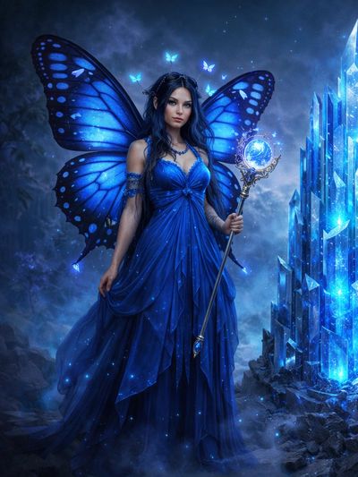 A mystical woman with glowing blue butterfly wings stands by a crystal tower, holding a magical staff.