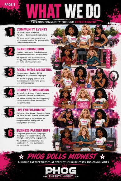 Infographic on PHOG Dolls Midwest's community-driven entertainment and partnerships.