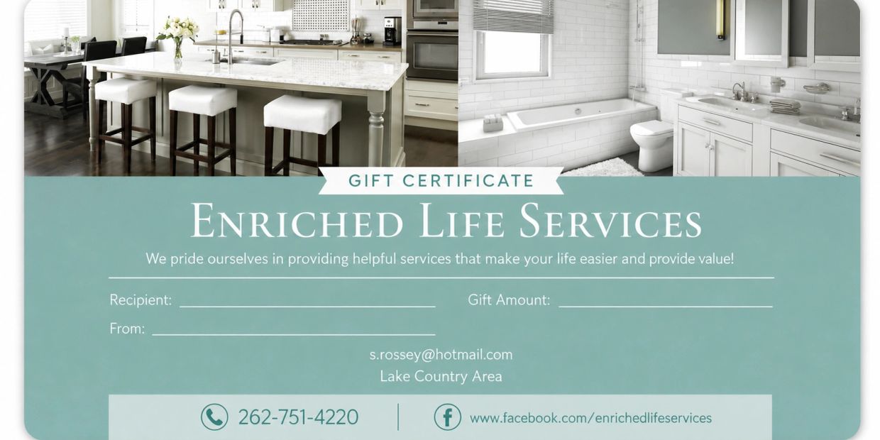 Gift certificate for Enriched Life Services with contact details.