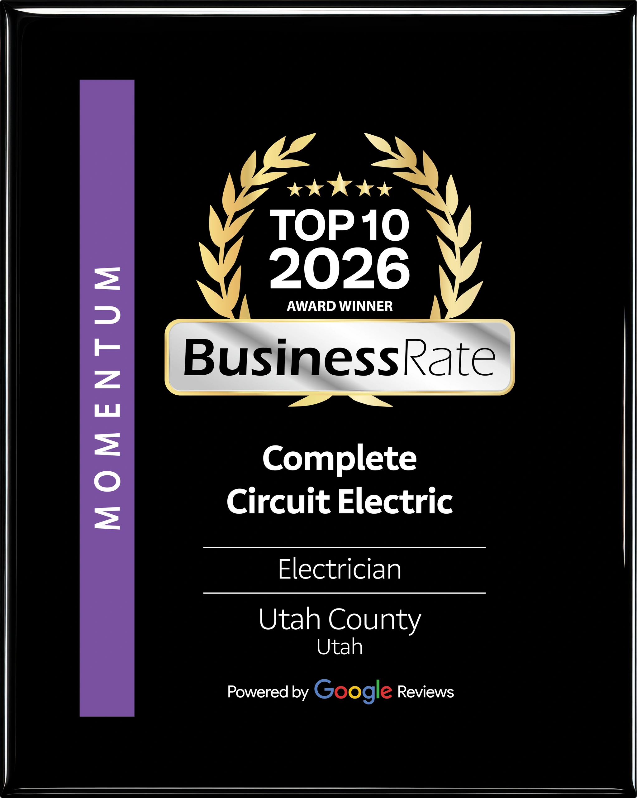 Top 10 2026 BusinessRate award for Complete Circuit Electric, Utah County electrician.