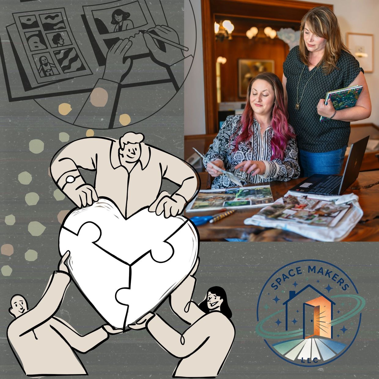 Two women collaborating on a photo album with creative illustrations around them.