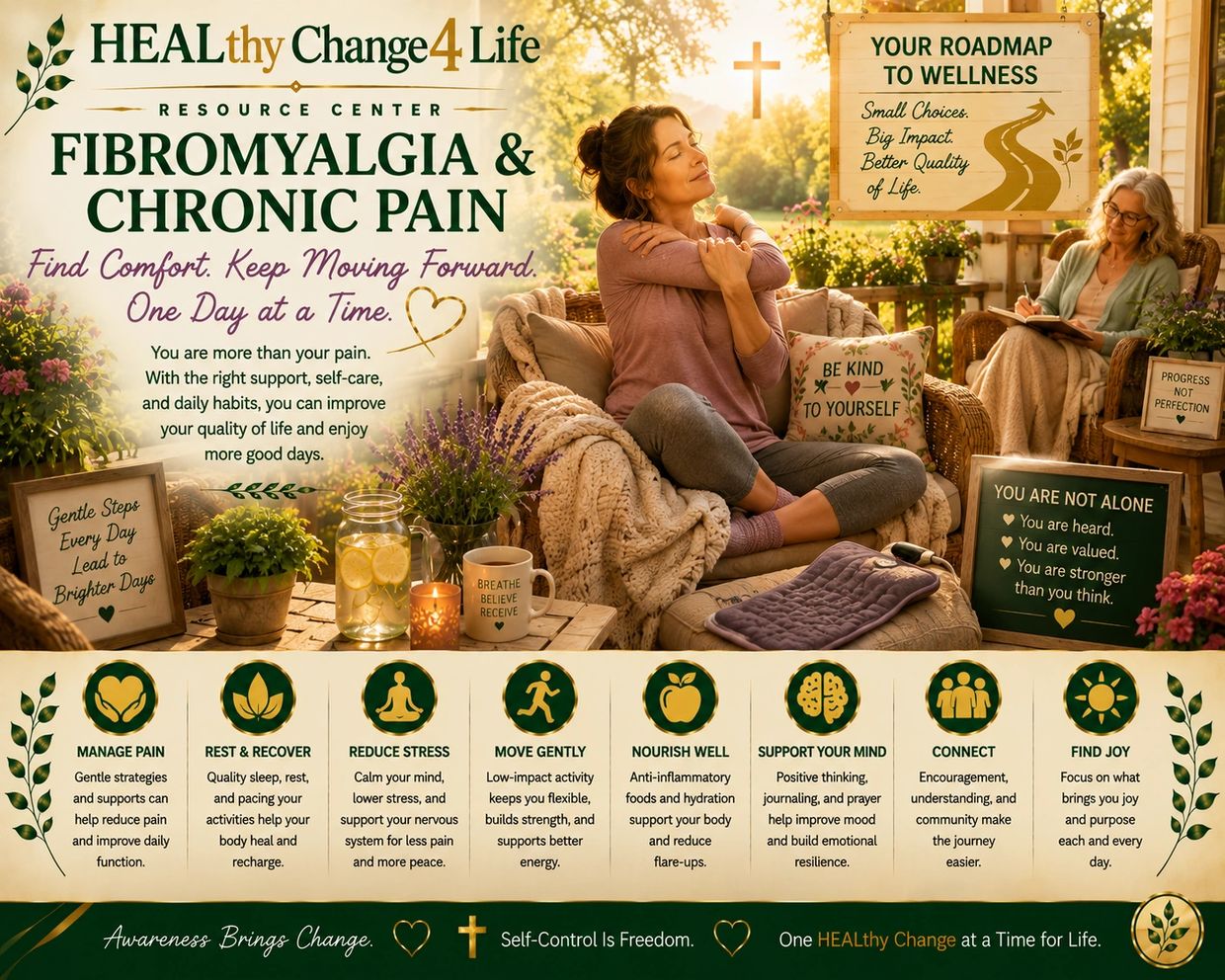 Resource center poster for fibromyalgia and chronic pain support.
