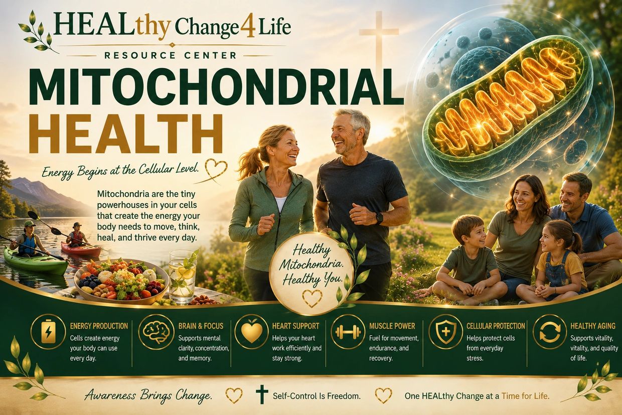 Infographic showing benefits of mitochondrial health with active, happy people.