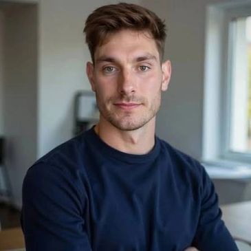 Young man in navy blue shirt looking at the camera indoors.