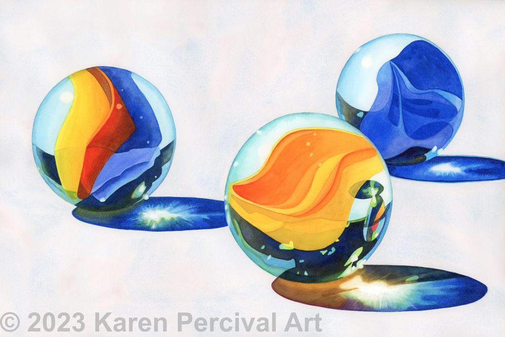 A dramatic original watercolor painting of 3 marbles and their shadows, "I Found Them!", 15x22"