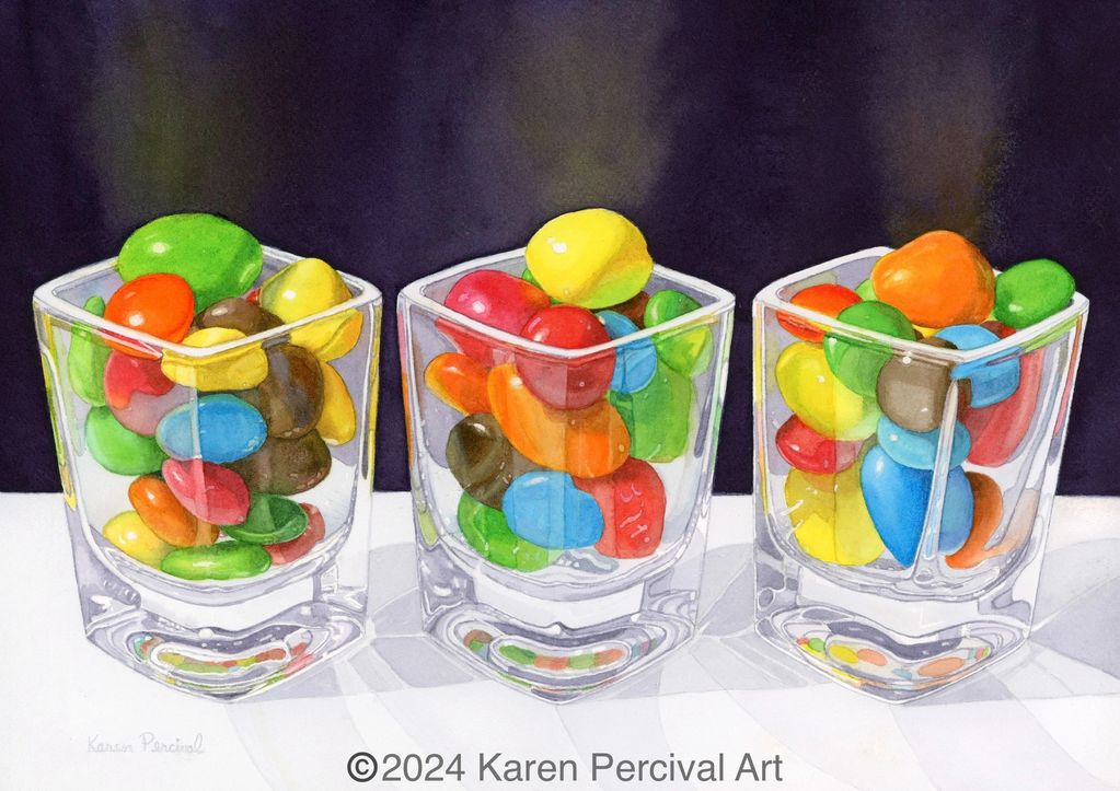 Watercolor painting of three glass cups full of candy