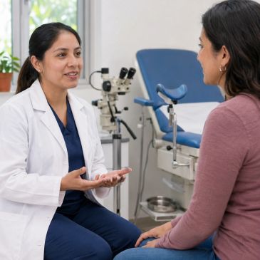 Médica hablando con una paciente en una consulta.
