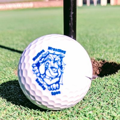 Golf ball with a bulldog logo near the hole on green.