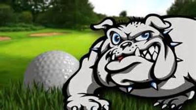 A fierce cartoon bulldog beside a golf ball.