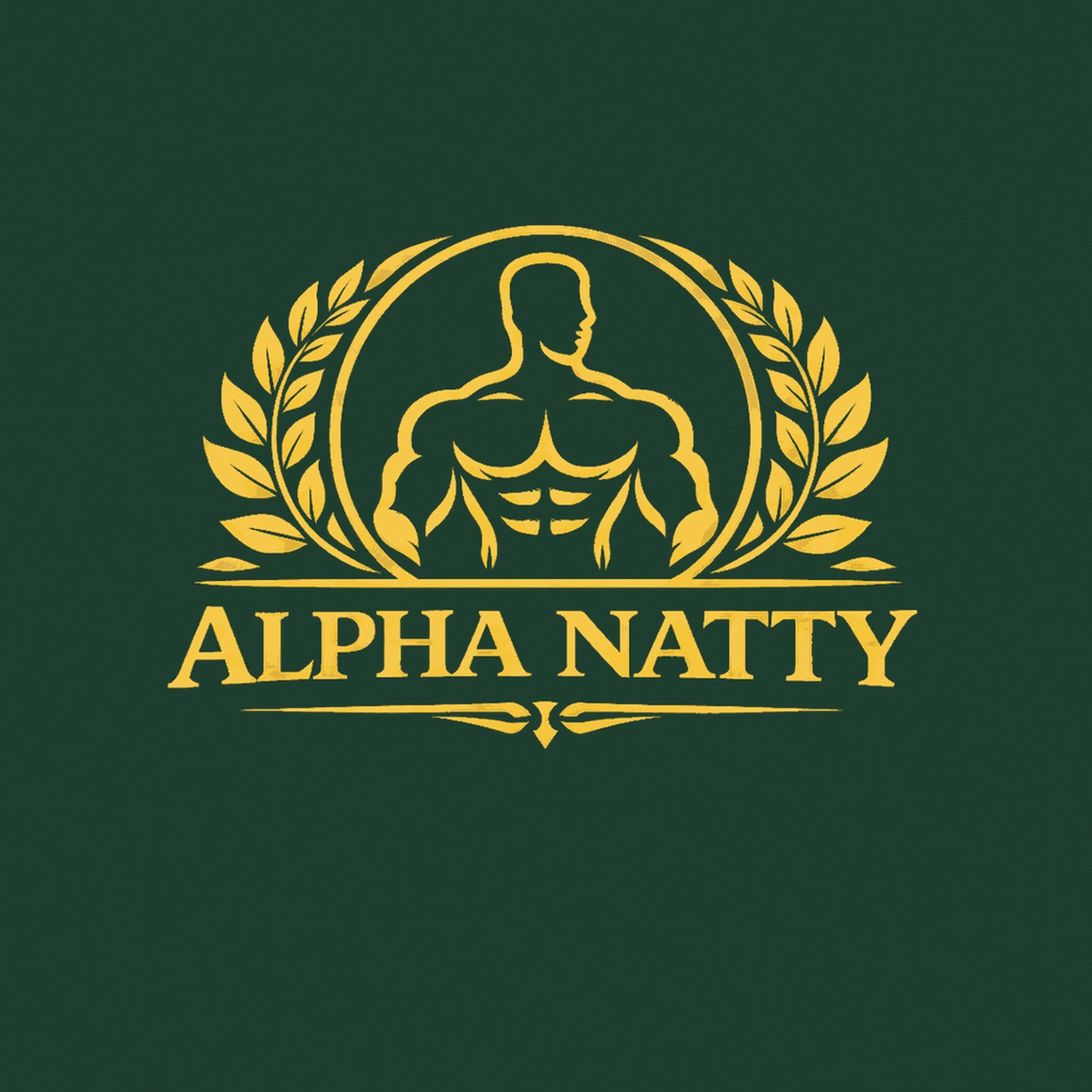 Gold muscular silhouette logo with laurel wreath and 'ALPHA NATTY' text on dark green background.