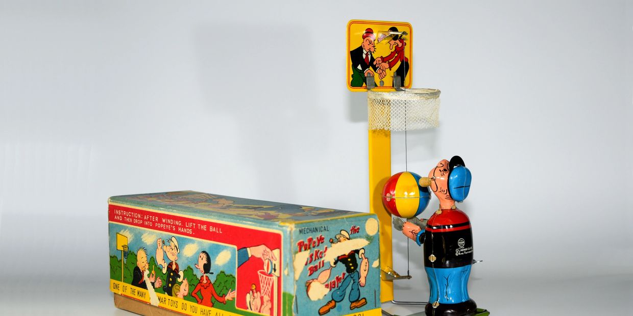 popeye tin toy playing basketball free toy appraisal buying antique toys price guide and information