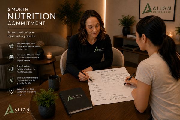 Two women discussing a 6-month personalized nutrition plan at Align Wellness Lab.