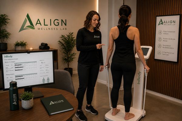 A wellness coach guides a woman using a body composition analyzer at Align Wellness Lab.