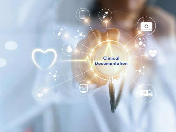 Healthcare professional selecting 'Clinical Documentation' in a digital interface with medical icons
