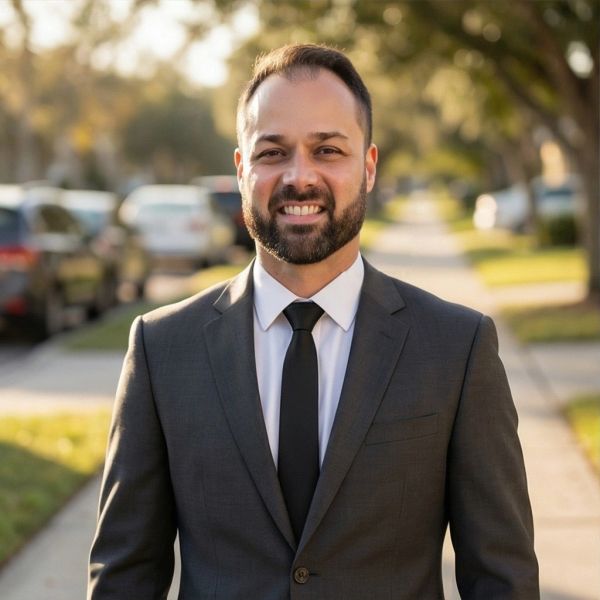 Smiling man in a dark suit standing outdoors on a sunny day.