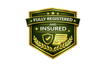 Gold and green badge stating fully registered and insured with insurance icons.