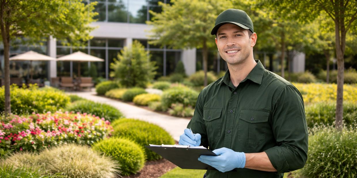 Smiling gardener in green uniform holding clipboard in a lush garden.Pest control exterminator services in Gauteng, Pretoria, Johannesurg - Green Creek Environmental services.