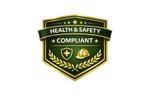 Green and gold badge stating Health & Safety Compliant with safety icons.