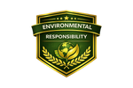Green and gold badge with Earth and leaf symbolizing environmental responsibility.