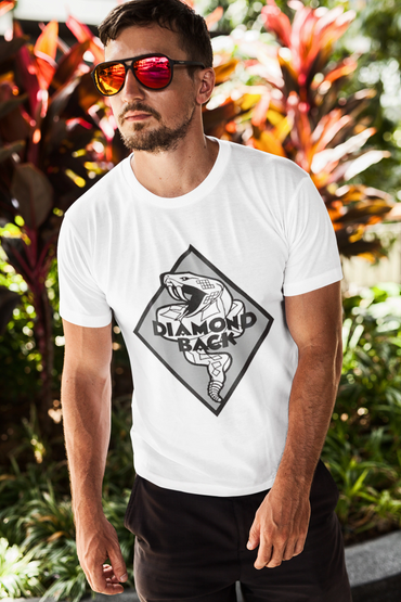 Man wearing a white Diamond Back t-shirt and reflective sunglasses.