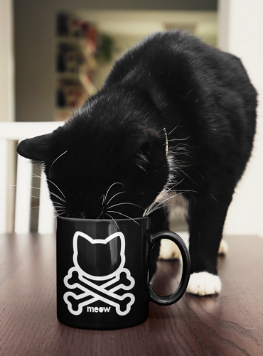 Black cat with white paws drinking from a black mug with a cat skull design.