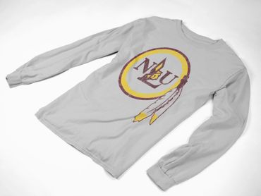 Light gray long-sleeve shirt with a vintage-style Native American inspired logo.