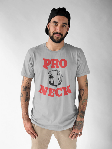 Man wearing a grey t-shirt with a spiked bulldog and 'PRO NECK' text in red.