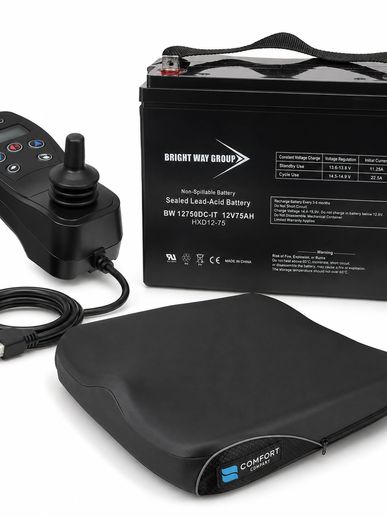 Sealed lead-acid battery with joystick controller and black cushion seat pad.