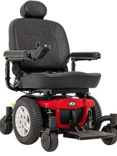 Modern electric wheelchair with black seat and red base.