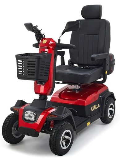 Red mobility scooter with black seat and front basket.