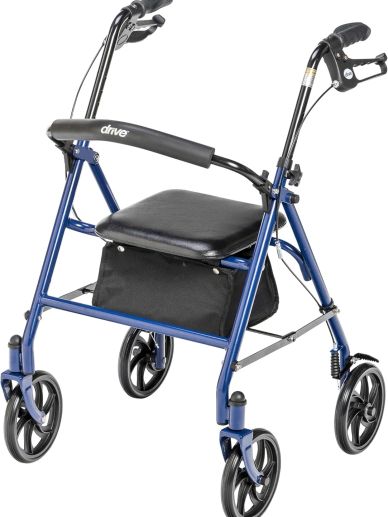 Blue four-wheeled walker with a padded seat and storage pouch.