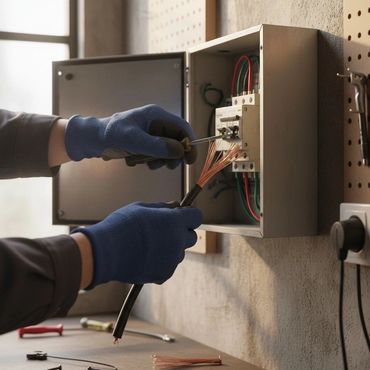 Electrician wearing gloves works on wiring inside an electrical panel.
