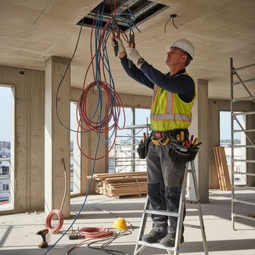 Electrician working on wiring in a construction site.