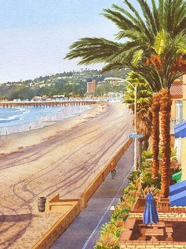 Sunny beach scene with people, palm trees, and a pier in the distance.