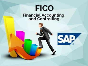 Illustration of a businessman climbing colorful financial bars with SAP FICO logo.