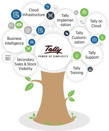 Tree diagram illustrating Tally features and services like cloud, customization, and support.