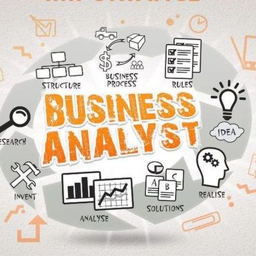 Illustration highlighting key roles of a business analyst with icons and keywords.
