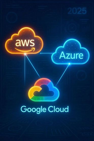Neon cloud logos representing AWS, Azure, and Google Cloud interconnected in 2025.